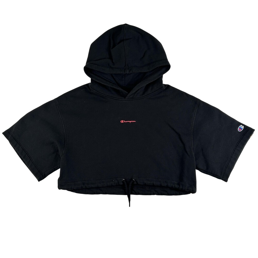 Champion Hoodie Womens Small Black Cropped Short Sleeve Fleece Drawstring